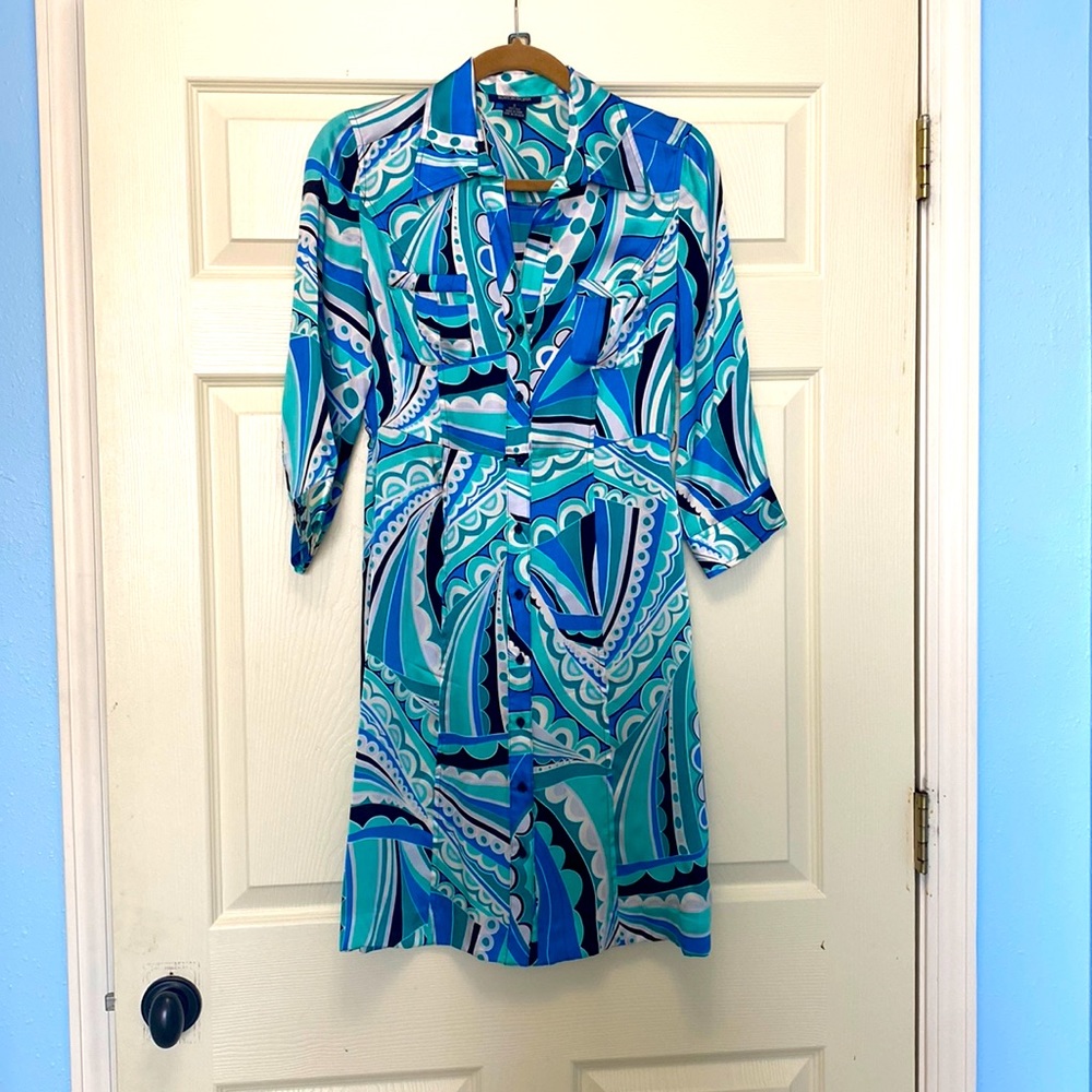 Boston Proper 100% Silk Blue, Green, White, and Black Printed Dress Size 2